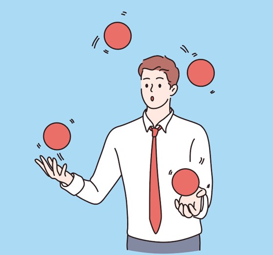 Desenho de homem a equilibrar bolas vermelhas